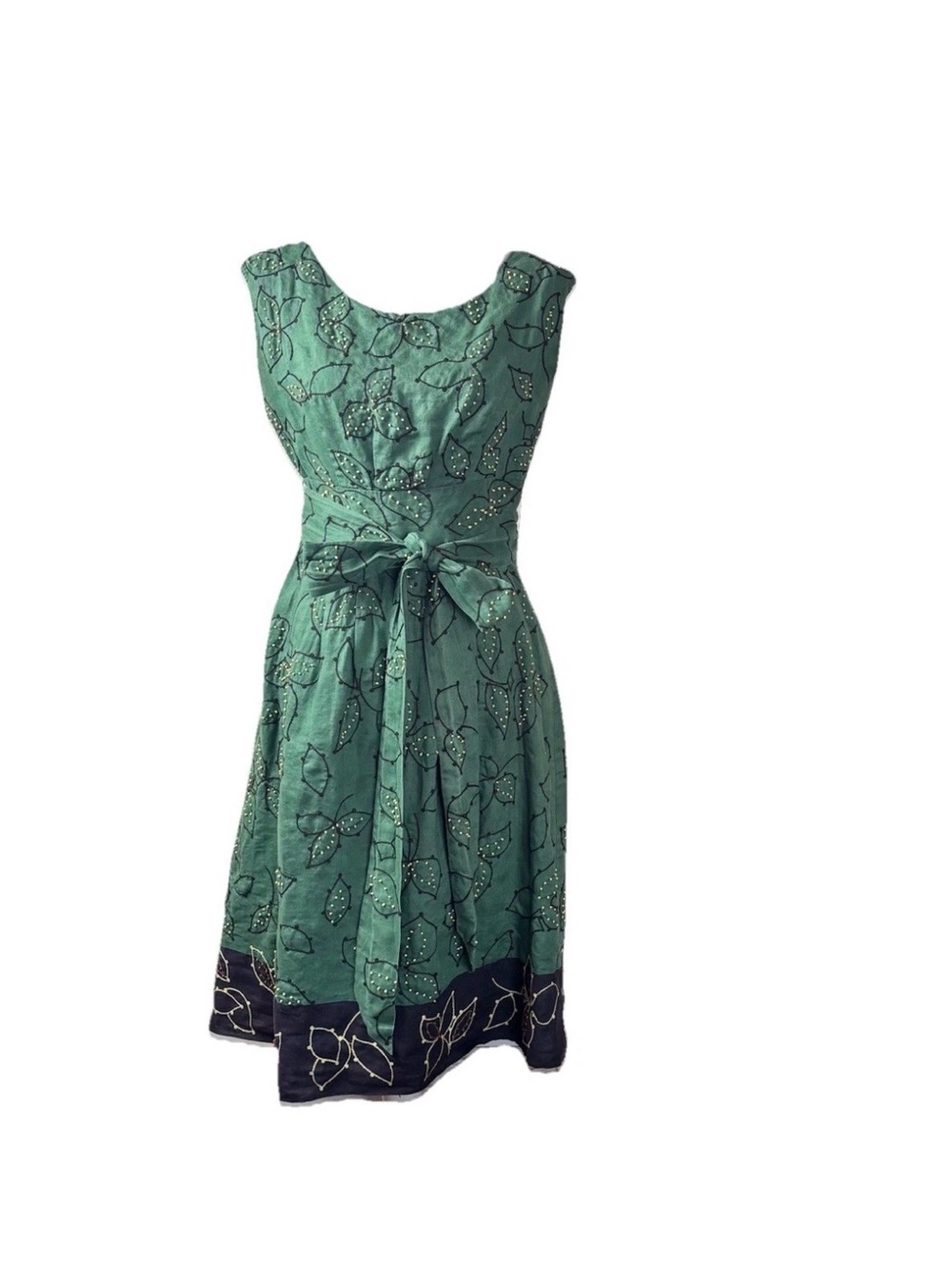 Lafayette 148 Linen Belted Green Brown Embroidered Beaded Midi Dress Preppy Sz 6